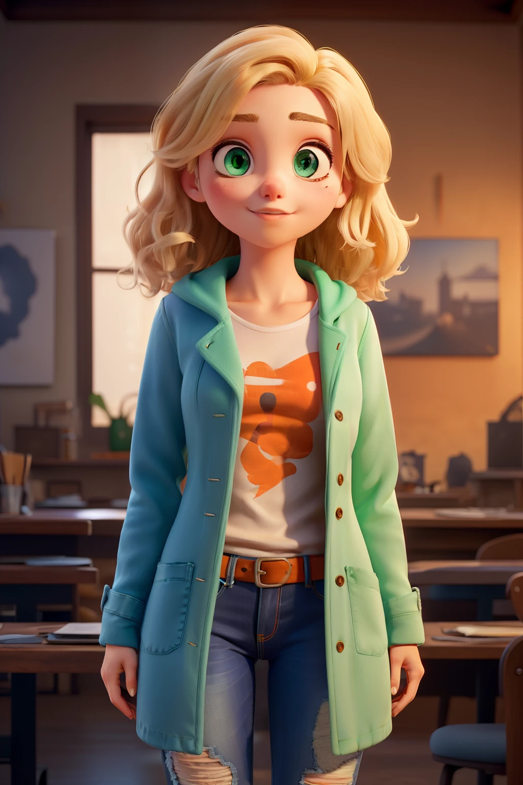 ((best qualityer)), ((work of art)), (detailded), 1 girl, neon orange coat, jeans, blonde, greeneyes