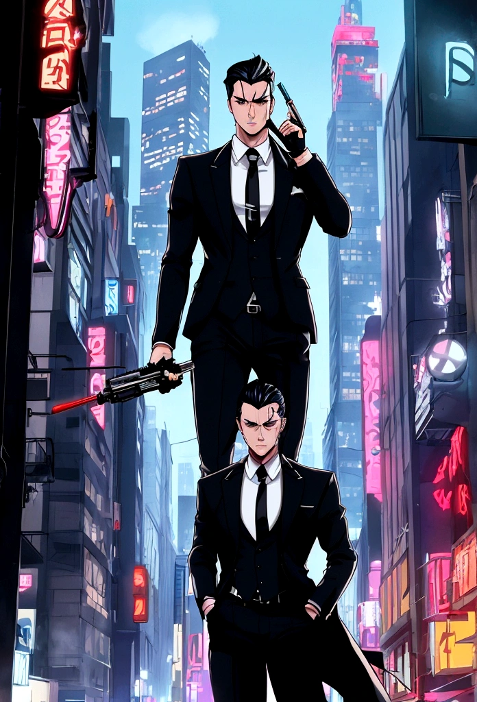 Masterpiece, Handsome boy, cool boy, anime: Tokyo ghoul, fanfiction, ghoul, fedora hat, black hair, red eyes, smile mask, white shirt, black suits, black tie, black gloves, black long pants, black shoes, wristwacth, Heavy rain, ruined city background, blood, 