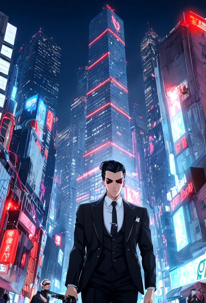 "Create an anime-style image of a gangster in a modern cityscape at night. He has sharp, stylish features with slicked-back hair and is wearing a sleek, tailored suit with a loosened tie. He stands confidently in a dimly lit alleyway, with neon lights from signs and buildings casting colorful glows around him. In one hand, he holds a futuristic-looking gun, and in the other, a burning cigarette. The background features towering skyscrapers, graffiti on the walls, and a sense of edgy urban atmosphere. The character exudes a mix of danger and cool charisma."