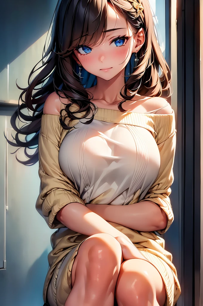 ((best quality)), ((masterpiece)), (detailed), 1girl, off-shoulder sweater, falling asleep standing