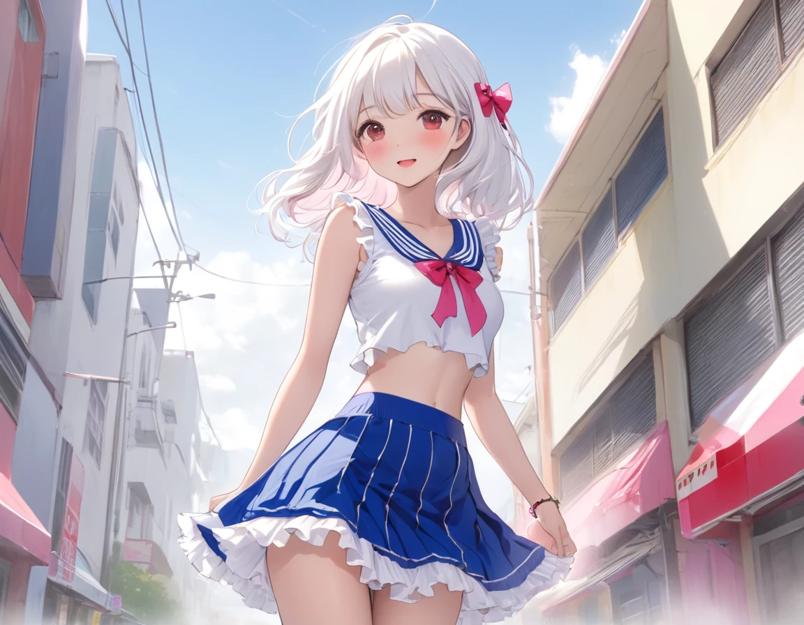 Plain white with emphasis on the chestＴshirt、You can see the chest from the neck、Ultramarine and white striped mini skirt、When you lift up her skirt you can see her cute pink frilly underwear...、fluffy, White frilly flared skirt、When she lifted her skirt, She found some cute red frilly underwear、barefoot、