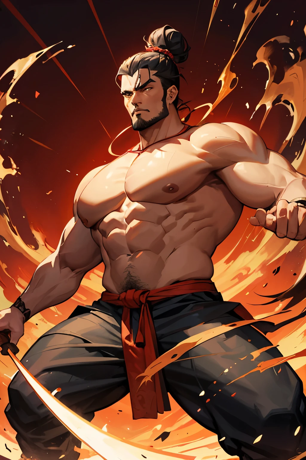 "a big man with prominent muscles without a shirt, wear A black knee-length pants and wearing red batik cloth as outer, his hair in a bun, holding a Javanese asymmetrical dagger with a distinctive blade-patterning that released a ray of light that formed the shadow of a dragon"