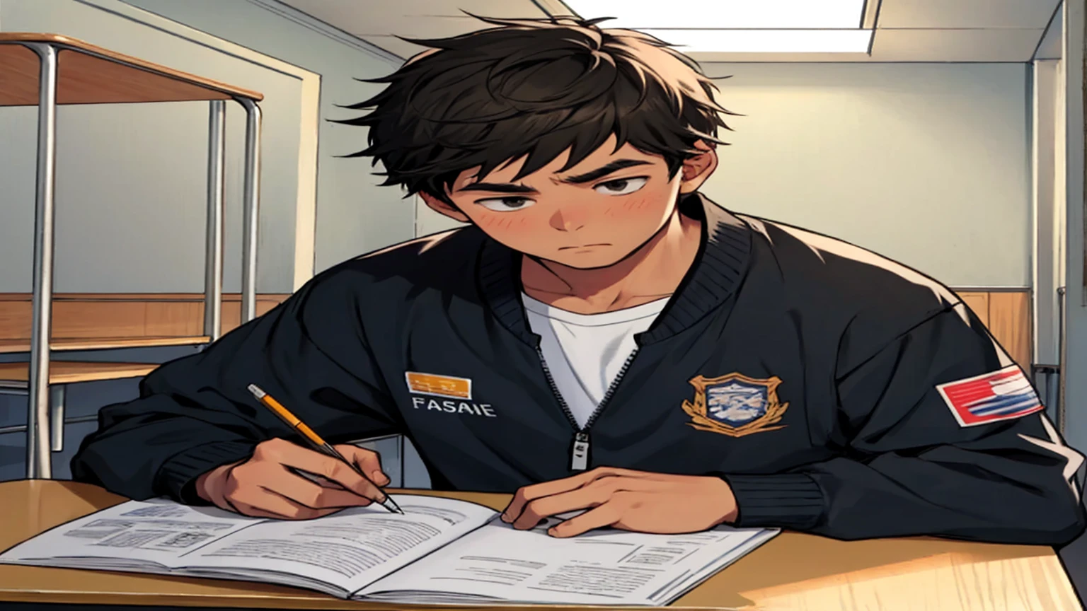 A tired and bored boy in a busy classroom,