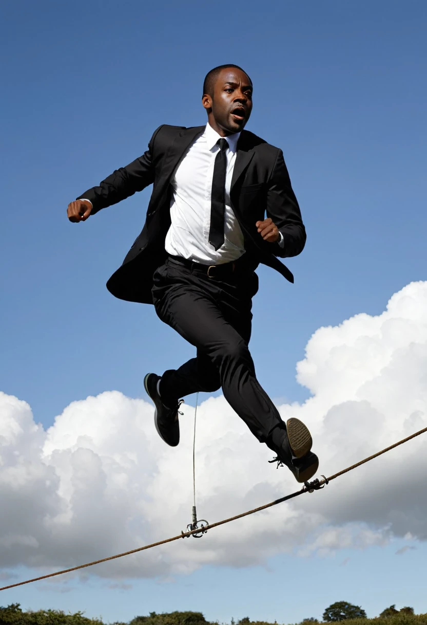 black man running on a tightrope