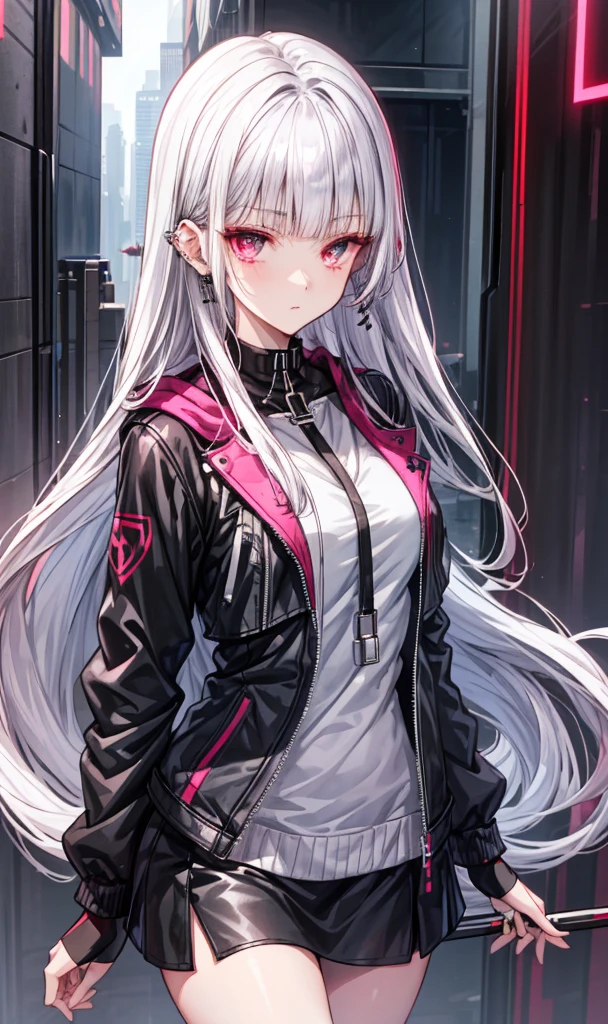 （tmasterpiece，Sideslit，Beautiful eyes：1.2），（tmasterpiece*sportrait），sportrait，busts，（busts），Lifelike，Anatomical correct，3D脸，luscious skin，（Solo），silver deep gray hair and pickaxe burgundy dyeing，one dark red coloured hair stripe, one black coloured hair strype，Lovely face，（dusty rose opal-like eyes），Hanging eye corners，（（highdetailskin，Visible pores）），（Perfect body），Beautiful cyberpunk girl，medium breast，（（Women's extra short shawl leather jacket）），（school_uniform），（ear studs），（Neck strap），very short gloves，（chain），（(Laser material clothing：1.2))
(((Outfit:Black, white, red,  rose colours in 3 undertones: dusty/ashy/silver dualchrome
Diamonds, leather, high detailed, high resolution)))
(((High quality designed outfit )))
(((Gray and silver hair)))(((gray hairstyle)))(((strictly straight bangs)))),(((strictly straight hair))) , (((hime hair))), (((dusty rose eye)