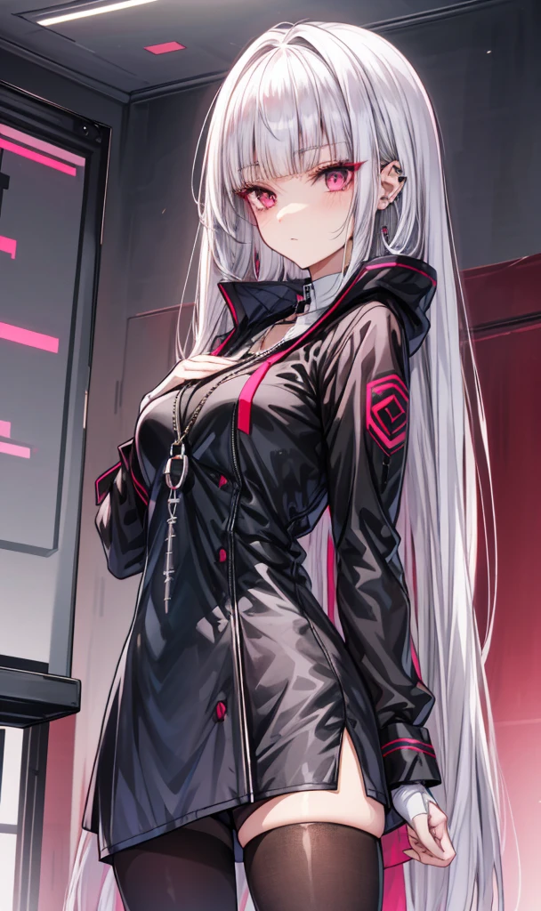 (tmasterpiece,Sideslit,Beautiful eyes:1.2),(tmasterpiece*sportrait),sportrait,busts,(busts),Lifelike,Anatomical correct,3D脸,luscious skin,(Solo),silver deep gray hair and pickaxe burgundy dyeing,one dark red coloured hair stripe, one black coloured hair strype,Lovely face,(dusty rose opal-like eyes),Hanging eye corners,((highdetailskin,Visible pores)),(Perfect body),Beautiful cyberpunk girl,medium breast,((Women's extra short shawl leather jacket)),(school_uniform),(ear studs),(Neck strap),very short gloves,(chain),((Laser material clothing:1.2))
(((Outfit:Black, white, red, rose colours in 3 undertones: dusty/ashy/silver dualchrome
Diamonds, leather, high detailed, high resolution)))
(((High quality designed outfit )))
(((Gray and silver hair)))(((gray hairstyle)))(((strictly straight bangs)))),(((strictly straight hair))) , (((hime hair))), (((dusty rose eye)