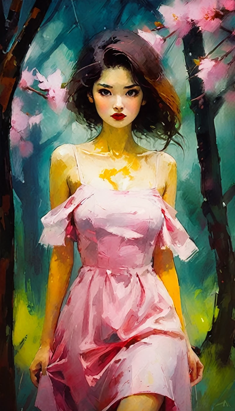 1 sexy girl, Sakura in mr villian day off, hair medium to shoulder, hair pink, with 2 sakura flower on the hair, wearing a cute pink dress, background is filling with a sakura flower and one sakura tree, pose standing wish under the tree, Soft, kawaii, detail,bichu, oil painting, impressionism (art inspired by Bill Sienkiewicz ). oil painting)