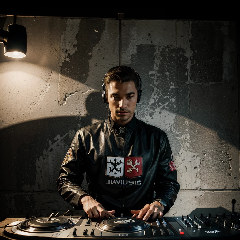 ((masterpiece)). Professional DJ logo. Logo with a coat of arms. A drawing of a dj's turntable. CDJ. Loudspeakers. music. high qualities
