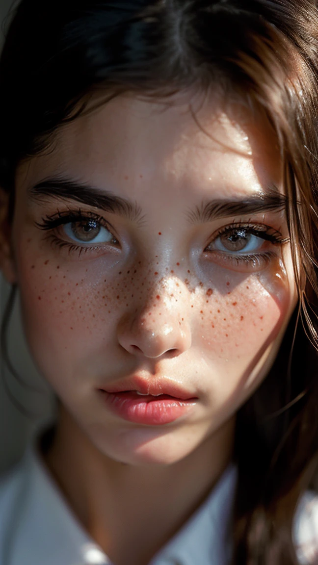 Masterpiece, Superior quality, [instead_eyes], ultra detail, fog, NSFW, (Expressionless) , portrait young woman, White skin, Raven haired, slim, cara slim, Brown eyes, Red cheeks, pink lips, small eyes, upturned and thin nose, thick and big eyebrows, with few and small freckles on the nose, long wavy hair