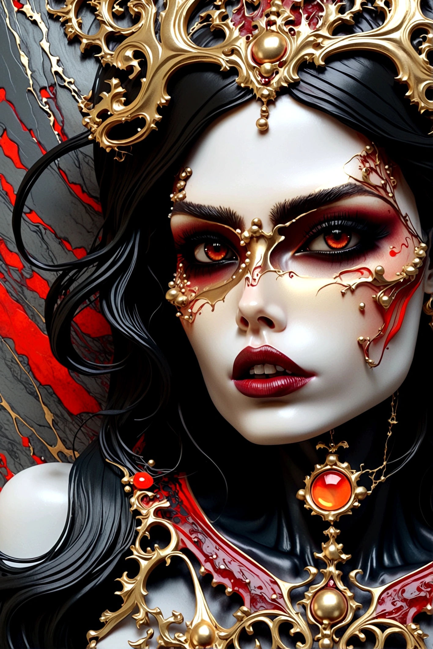 a beautiful illustration of a vampire woman with glowing eyes in an abstract marble texture with a tarot style frame, with colors of obsidian black, shiny gold, and ruby red, highly detailed, intricate design, BY Anne Bachelier,