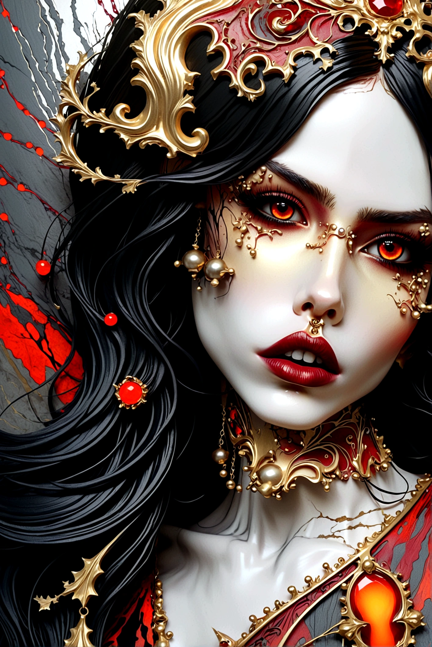 a beautiful illustration of a vampire woman with glowing eyes in an abstract marble texture with a tarot style frame, with colors of obsidian black, shiny gold, and ruby red, highly detailed, intricate design, BY Anne Bachelier,