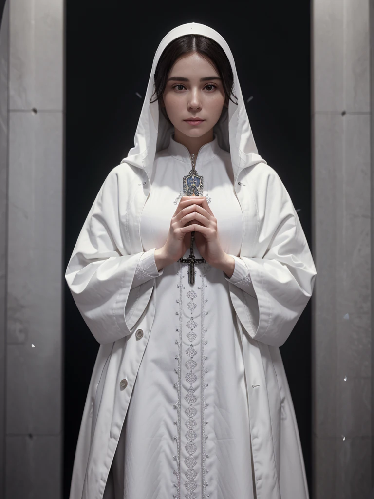 Ultra modern 3D model rendering for Unreal Engine, beautiful mother Mary, holding rosary in prayer, white coat with pattern, black background, distant future, looking at camera, bright colors, ultra detail, attention to detail, high quality , stylization , dynamic pose --v 6