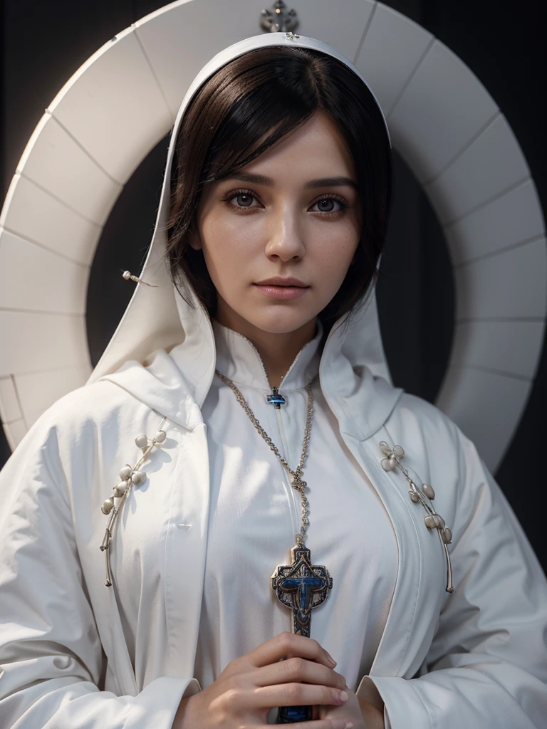 Ultra modern 3D model rendering for Unreal Engine, beautiful mother Mary, holding rosary in prayer, white coat with pattern, black background, distant future, looking at camera, bright colors, ultra detail, attention to detail, high quality , stylization , dynamic pose --v 6