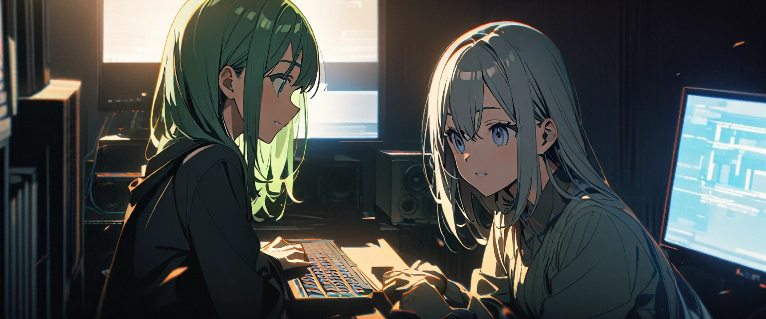 (((masterpiece,Highest quality))),(((A black-haired anime boy standing blankly in front of a computer monitor,A green haired anime girl with twin tails reaching out from a computer screen))),((A dark room with only the computer running)),A boy and a girl holding hands,(high quality),アニメ