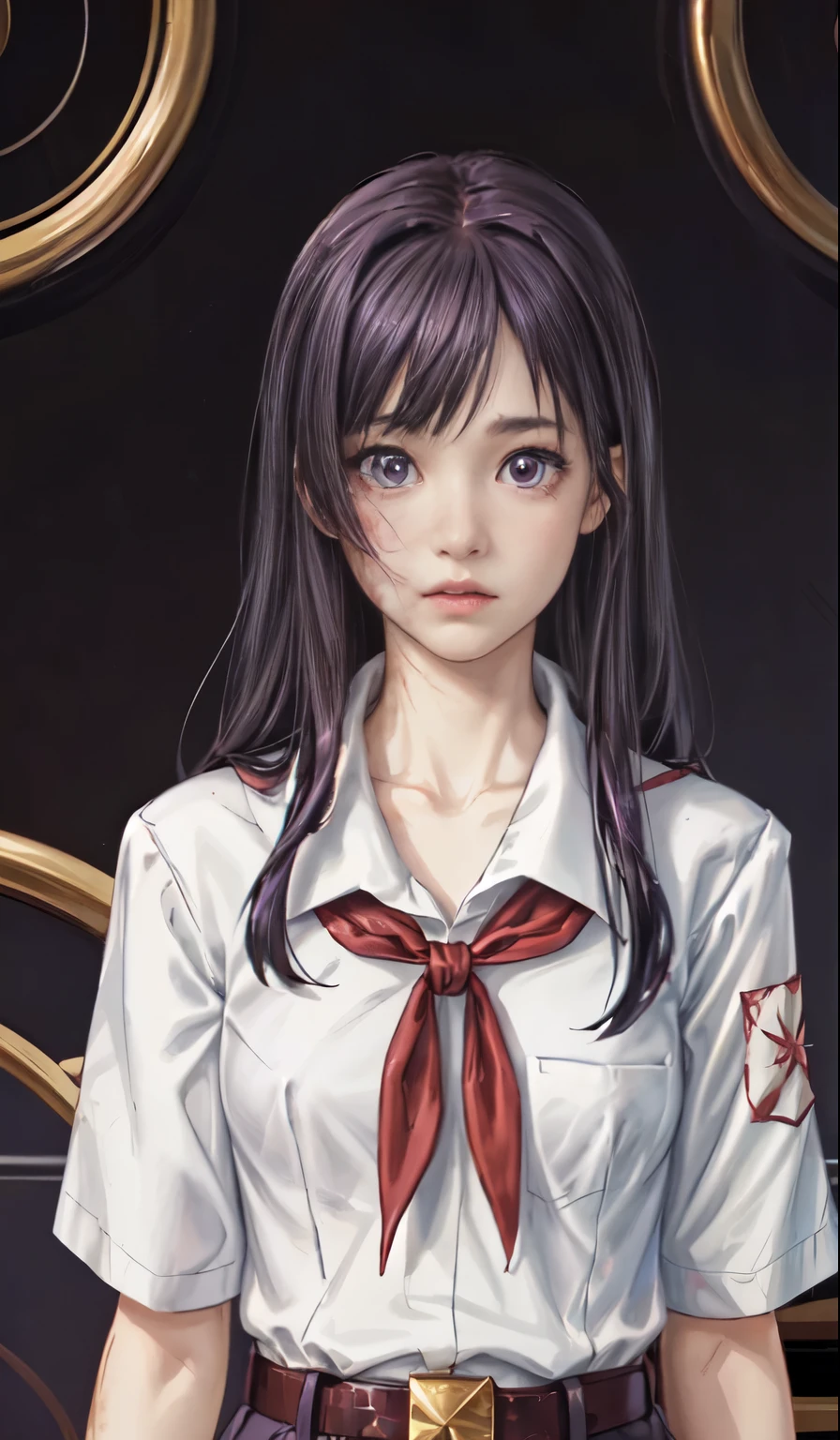 pioneer neckerchief, blue skirt, bangs, shirt, collarbone, white shirt, short sleeves, collared shirt, belt, red neckerchief, full height, hanako ikezawa, big purple eyes, long purple hair, (burn mark:1.3), hair covers right eye