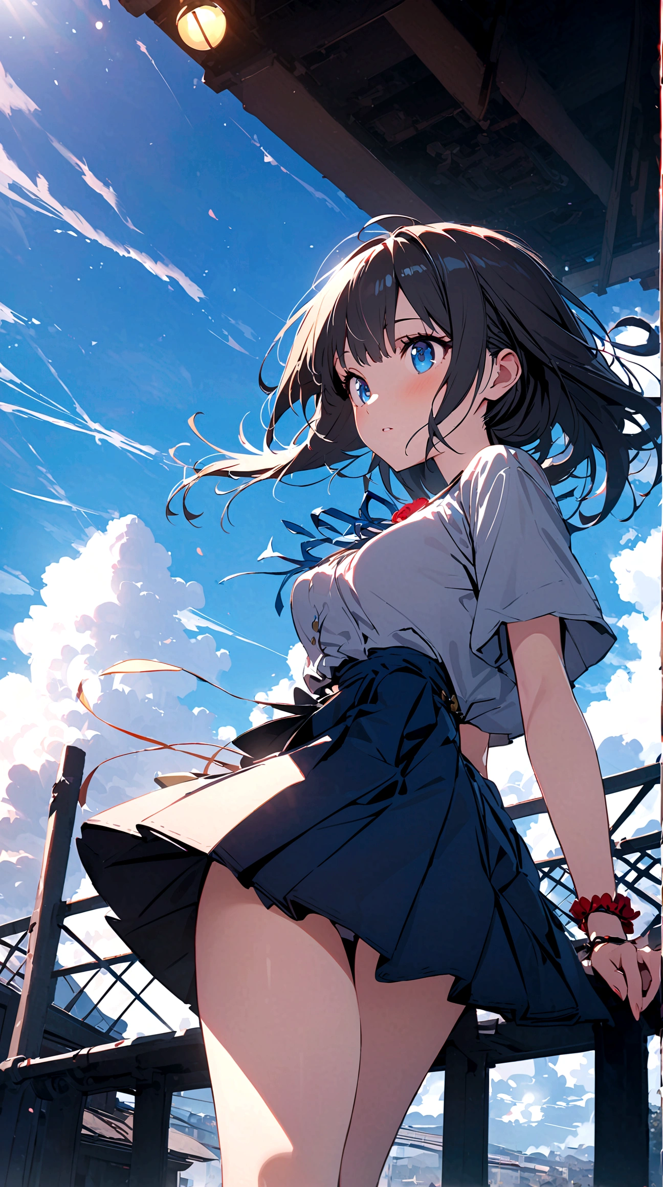 High resolution Beautiful blue eyes, full body expression, one girl, alone, blue sky background, bright, blue sky, clouds, sunny, student, young person, blue and white main color, solo focus, love, accessories, beautiful hairstyle, beautiful, beautiful eyes, gloss high resolution, zoom out, youthful love, quality (8k, highly detailed CG unit wallpaper, masterpiece, high resolution, top quality, highest quality, surreal, increase resolution, highest quality, highly detailed , wallpaper, movie lighting, ray tracing, golden ratio\), long skirts