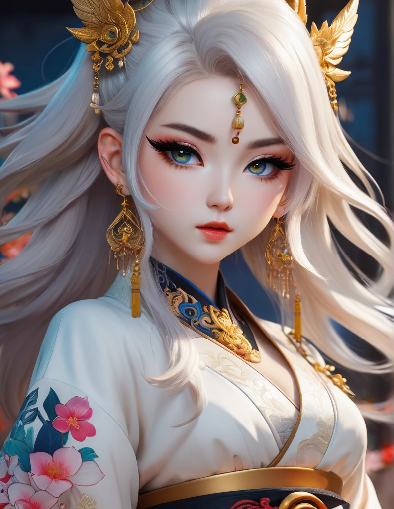 quality(8k wallpaper of extremely detailed CG unit, masterpiece, hight resolution, top-quality, top-quality real texture skin,hyper realisitic, digitial painting,increase the resolution,RAW photos,best qualtiy,highly detailed,the wallpaper),BREAK,8K, onmyoji-style art Light, full face, mixed color eyes, Chibi, colorful makeup, white skin, dark gold hair, jewelry, tattoos,