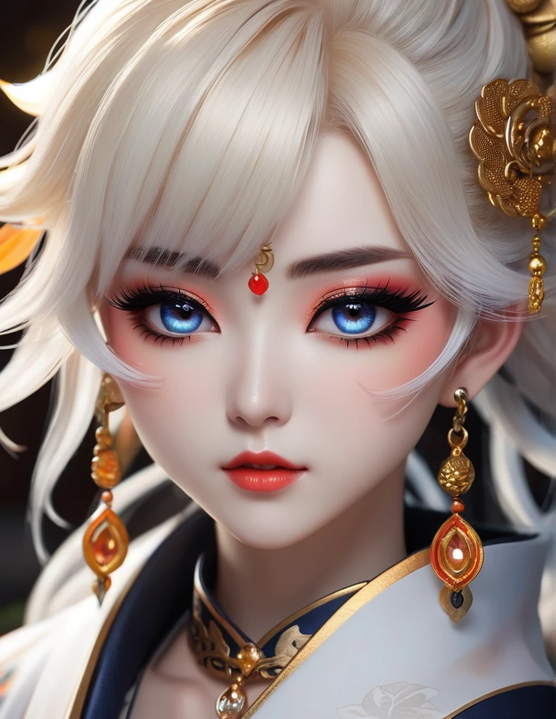 quality(8k wallpaper of extremely detailed CG unit, ​masterpiece, hight resolution, top-quality, top-quality real texture skin,hyper realisitic, digitial painting,increase the resolution,RAW photos，best qualtiy,highly detailed,the wallpaper),BREAK,8K, onmyoji-style art Light, full face, mixed color eyes, Chibi, colorful makeup, white skin, dark gold  hair,  jewelry, tattoos, 