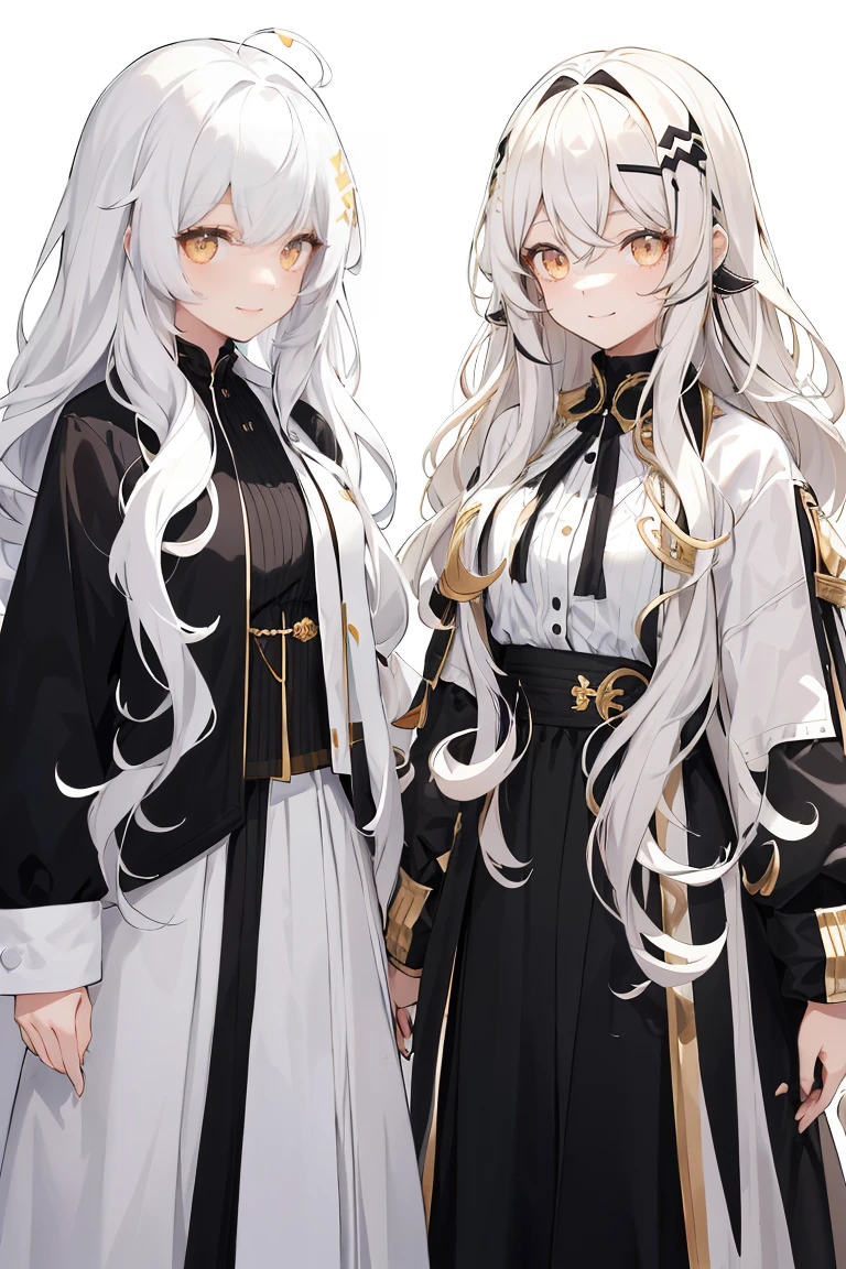 1womanl, ((Long wavy hair)), ((Half of her hair is white、The other half is black、Divided into two colors)), swept bangs, ((Golden Eyes)), Smile, Modern clothes、((looking-down))