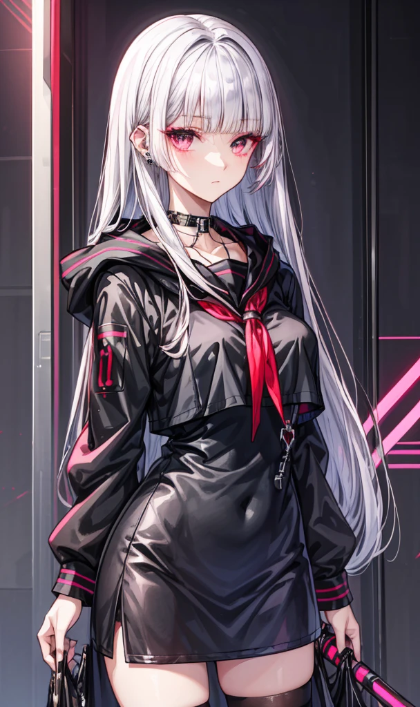 (tmasterpiece,Sideslit,Beautiful eyes:1.2),(tmasterpiece*sportrait),sportrait,busts,(busts),Lifelike,Anatomical correct,3D脸,luscious skin,(Solo),silver deep gray hair and pickaxe burgundy dyeing,one dark red coloured hair stripe, one black coloured hair strype,Lovely face,(dusty rose opal-like eyes),Hanging eye corners,((highdetailskin,Visible pores)),(Perfect body),Beautiful cyberpunk girl,medium breast,((Women's extra short shawl leather jacket)),(school_uniform),(ear studs),(Neck strap),very short gloves,(chain),((Laser material clothing:1.2))
(((Outfit:Black, white, red, rose colours in 3 undertones: dusty/ashy/silver dualchrome
Diamonds, leather, high detailed, high resolution)))
(((High quality designed outfit )))
(((Gray and silver hair)))(((gray hairstyle)))(((strictly straight bangs)))),(((strictly straight hair))) , (((hime hair))), (((dusty rose eye)