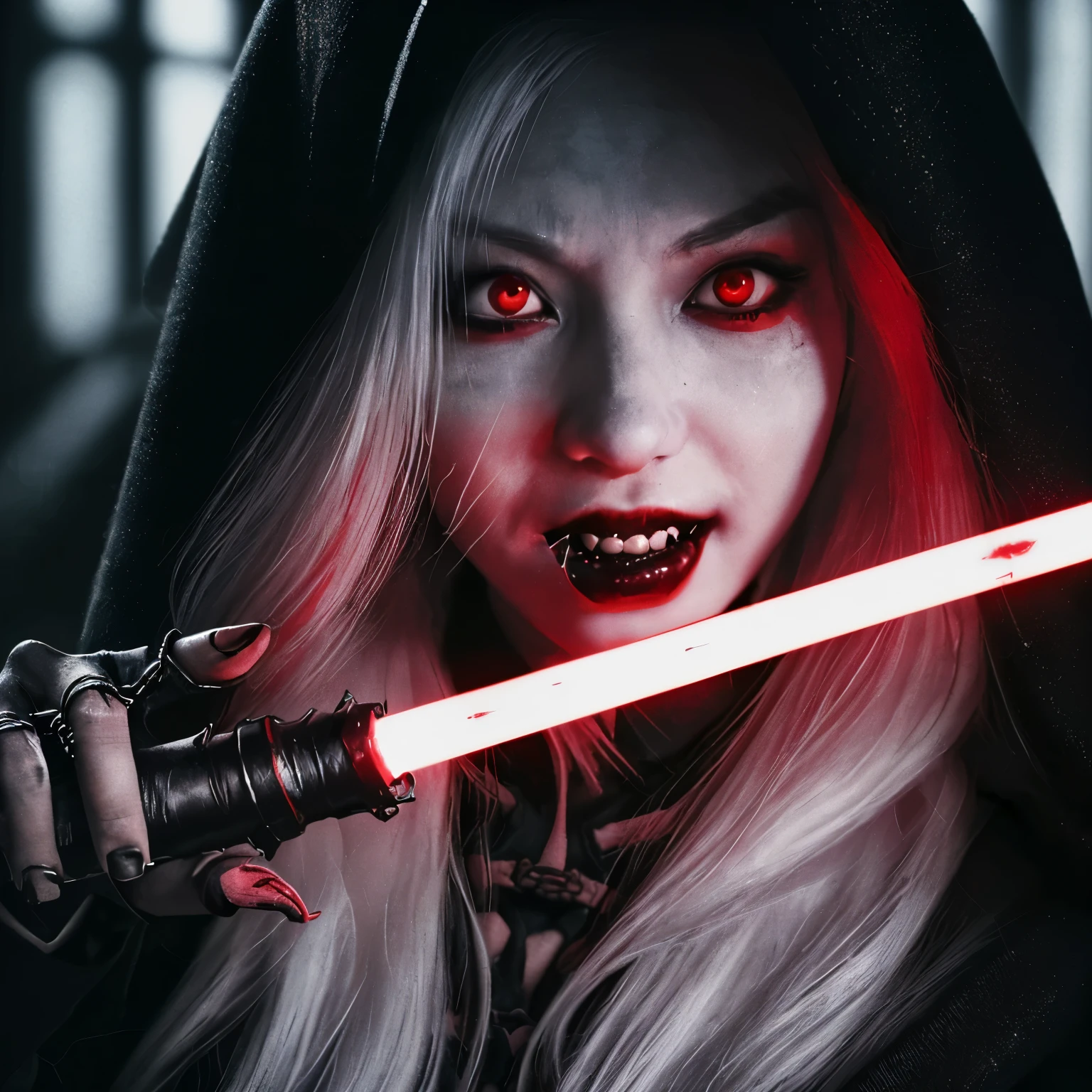 (very sharp result, full body desaturated photo) (textile shading), (Best Quality), (masterpiece), (hyper realistic photo) tight close up, in starwars universe, a dark sith mistress japanese girl in black cult hoodie white pale skin, vampire smile with bloody fangs , piercings, mysterious sinister with bright red eyes (she is holding relic red digger lighsaber) white hair, dark castle, source light only from her red saber, horror feel mood gritty atmosphere,4K