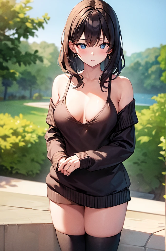((best quality)), ((masterpiece)), (detailed), 1girl, off-shoulder sweater, woman falling asleep standing up, bikini