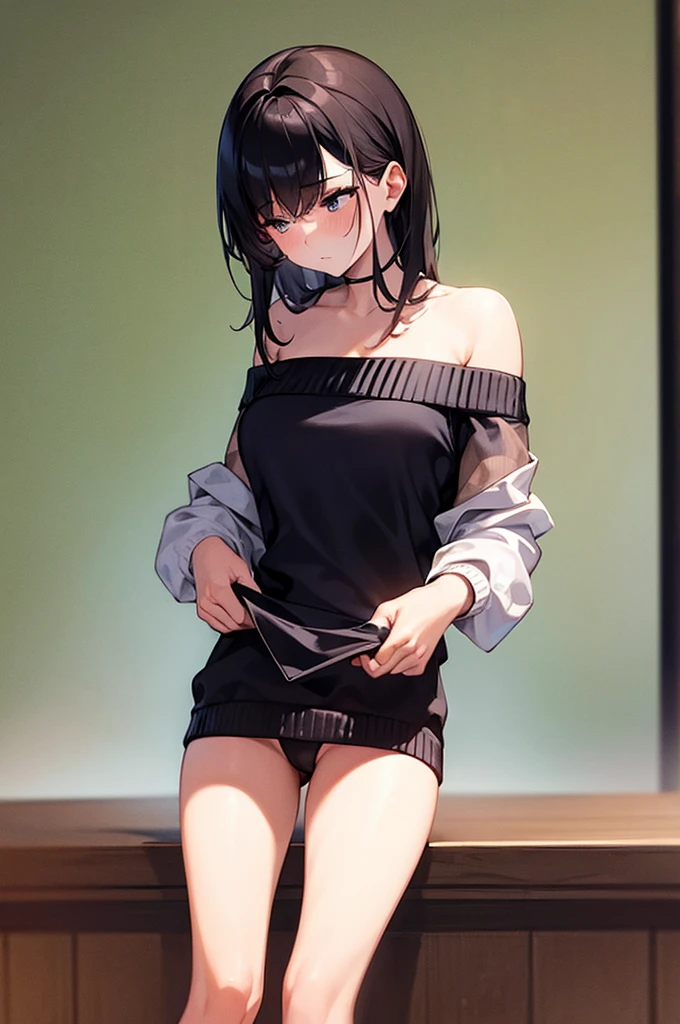 ((best quality)), ((masterpiece)), (detailed), 1girl, off-shoulder sweater, woman falling asleep standing up, bikini