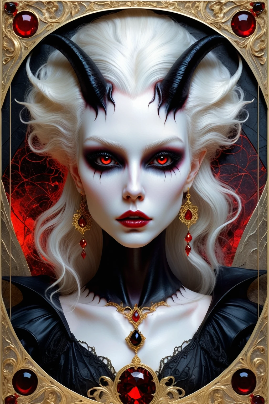 a beautiful illustration of a vampire woman made from an abstract marble texture, with colors of black, red and gold, highly detailed, intricate design, marble material, BY Anne Bachelier,