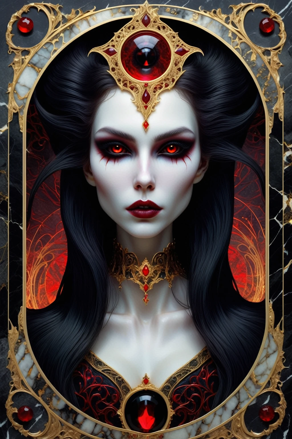 a beautiful illustration of a vampire woman with glowing eyes in an abstract marble texture with a tarot style frame, with colors of obsidian black, shiny gold, and ruby red, highly detailed, intricate design, BY Anne Bachelier,