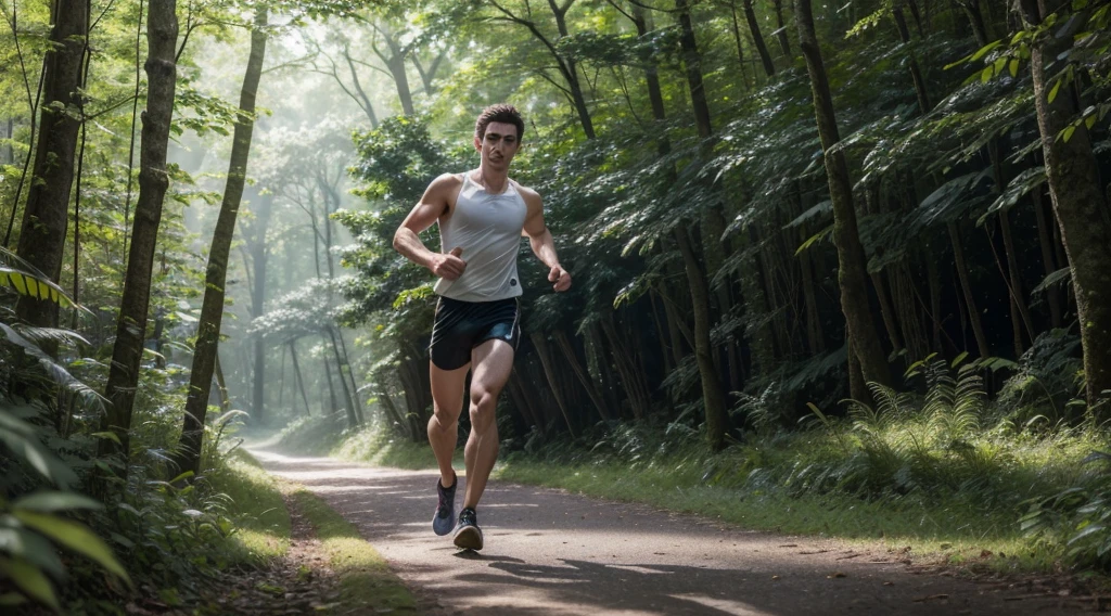 high-resolution, ultra-realistic, 4K, cinematic image of a focused long distance runner effortlessly gliding through a lush, vibrant forest filled with dappled sunlight, completely lost in his audiobook, showcasing a perfect blend of physical exertion and mental escape.