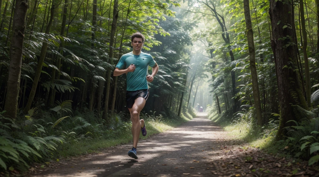 high-resolution, ultra-realistic, 4K, cinematic image of a focused long distance runner effortlessly gliding through a lush, vibrant forest filled with dappled sunlight, completely lost in his audiobook, showcasing a perfect blend of physical exertion and mental escape.