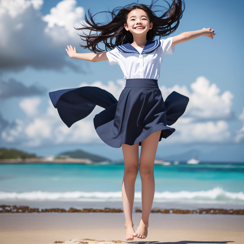 1girl,(((Okinawa ocean)))、(((White sand beaches in Okinawa)))、(((Just join your hands and pray)))、(((Mysterious look)))、8k UHD、Digital single-lens reflex camera、High resolution、Shallow depth of field、Natural light、(((Sailor suit)))、へそ出しルック、(((navy blue super mini skirt)))、(((A sparkling, charming smile)))、(((Full body photography)) )、Small person、(((Young face)))、1 Japanese female、;beautiful girl、(Black Hair)、A strong wind blows up my skirt、(((Brown eyes)))、Glowing Skin、Smooth Thinning Hair、Long Hair、Detailed background、Detailed eyes and face、Clear Eyes、Cute smile、Calm atmosphere、(((stage)))、(((Small breasts)))、(((Beautiful Eyes)))、Flat chest、Children、(((Toned thighs))) 、(((Angle from below) ))、(((Fine lips)))、(((Skirt fluttering)))、Shining beautiful legs、( Skirt fluttering violently in the strong wind :1.4), (hair blowing in the strong wind:1.4), (leaning forward)、barefoot、barefoot、((((A skirt flipped up by a strong wind))))