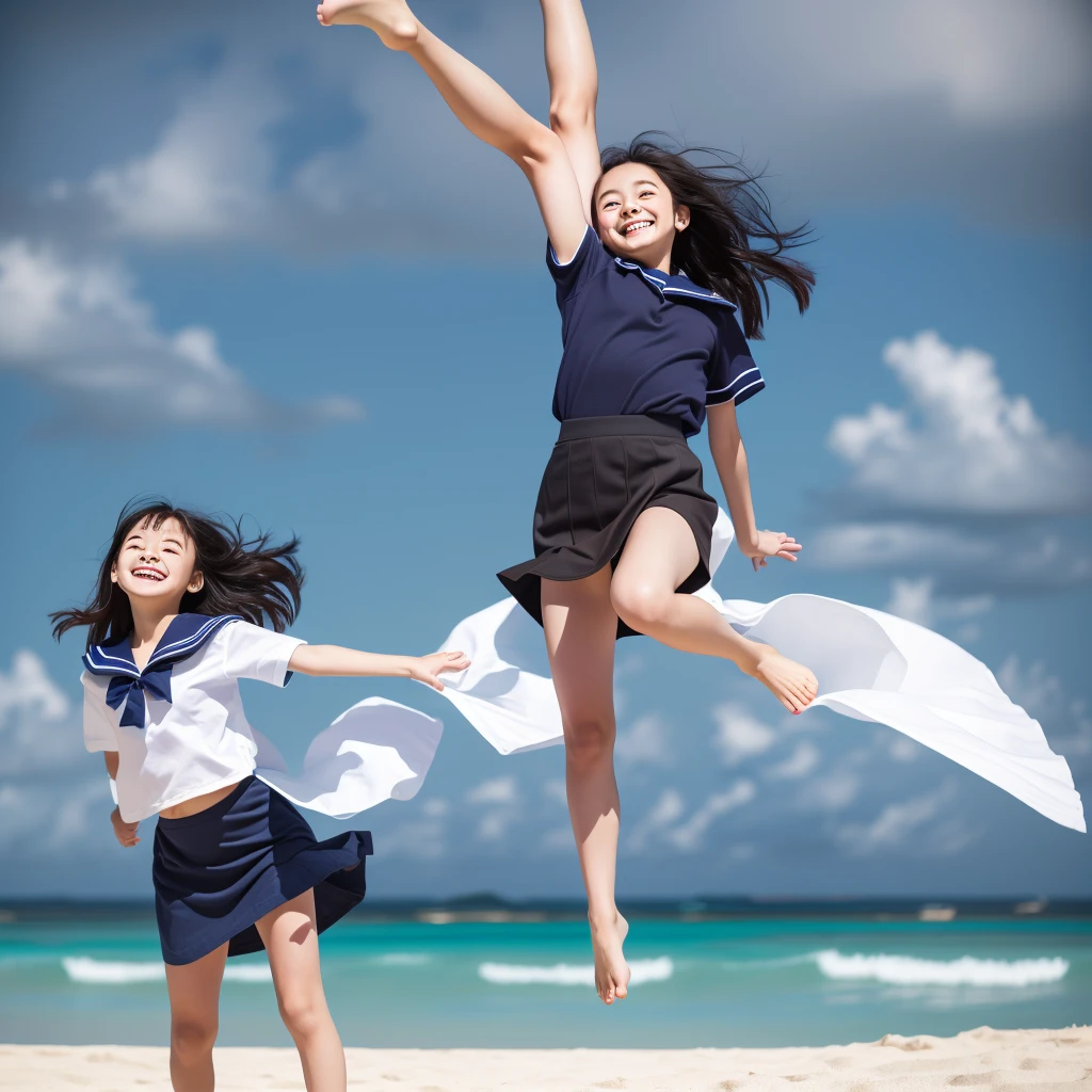 1girl,(((Okinawa ocean)))、(((White sand beaches in Okinawa)))、(((Just join your hands and pray)))、(((Mysterious look)))、8k UHD、Digital single-lens reflex camera、High resolution、Shallow depth of field、Natural light、(((Sailor suit)))、へそ出しルック、(((navy blue super mini skirt)))、(((A sparkling, charming smile)))、(((Full body photography)) )、Small person、(((Young face)))、1 Japanese female、;beautiful girl、(Black Hair)、A strong wind blows up my skirt、(((Brown eyes)))、Glowing Skin、Smooth Thinning Hair、Long Hair、Detailed background、Detailed eyes and face、Clear Eyes、Cute smile、Calm atmosphere、(((stage)))、(((Small breasts)))、(((Beautiful Eyes)))、Flat chest、Children、(((Toned thighs))) 、(((Angle from below) ))、(((Fine lips)))、(((Skirt fluttering)))、Shining beautiful legs、( Skirt fluttering violently in the strong wind :1.4), (hair blowing in the strong wind:1.4), (leaning forward)、barefoot、barefoot、((((A skirt flipped up by a strong wind))))