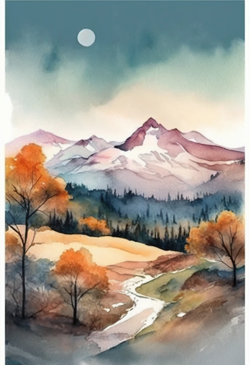 (((The best quality))), ((Masterpiece)) (watercolor landscape illustration) minimalist and aesthetic print, High Definition, detailed, mountain and forest scene, soft natural tones.