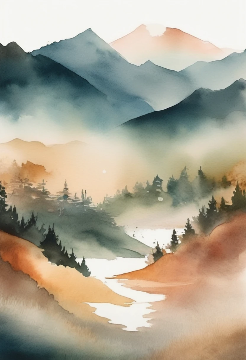 (((The best quality))), ((Masterpiece)) (watercolor landscape illustration) minimalist and aesthetic print, High Definition, detailed, mountain and forest scene, soft natural tones.