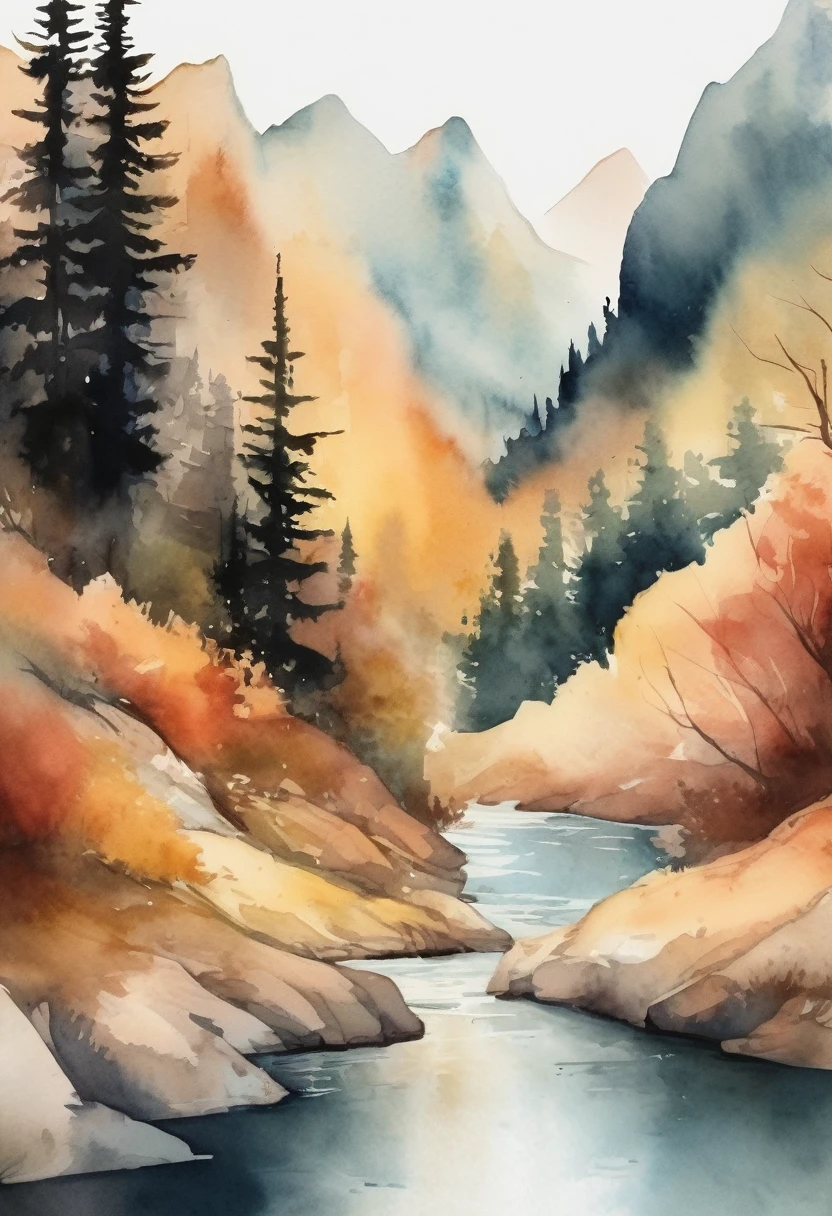 (((The best quality))), ((Masterpiece)) (watercolor landscape illustration) minimalist and aesthetic print, High Definition, detailed, mountain and forest scene, soft natural tones.