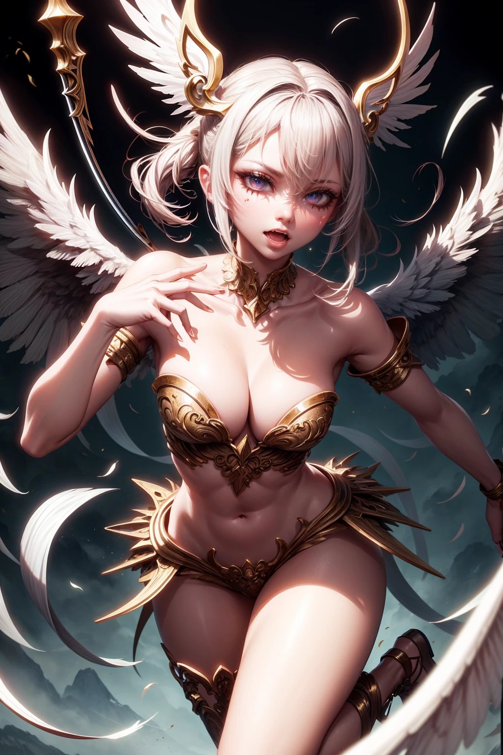 Angel woman swordsman, sexly, white wings, gold accents, pose movimento sexly