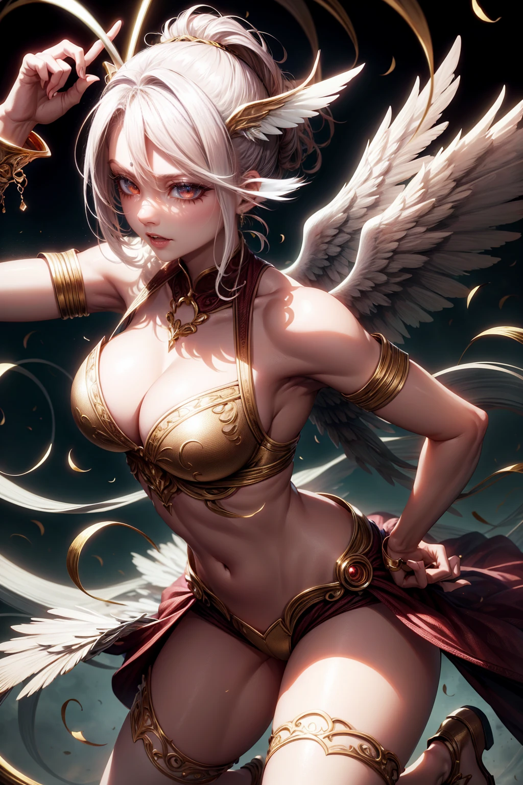 Angel woman swordsman, sexly, white wings, gold accents, pose movimento sexly