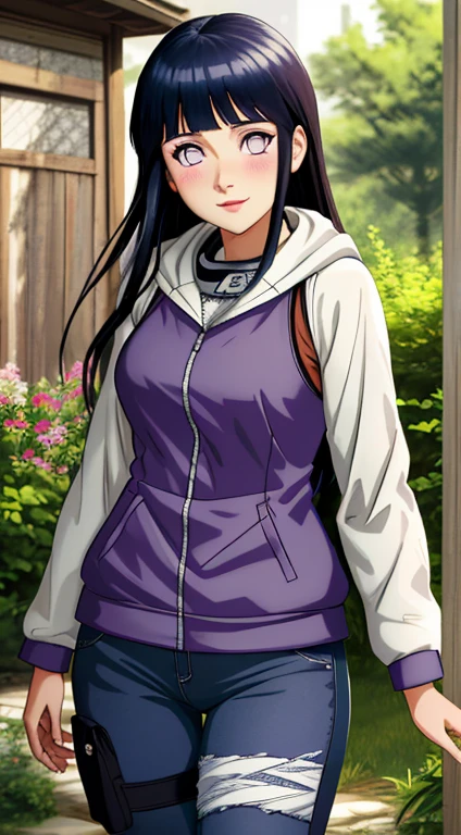 Masterpiece, high resolution, high quality, detailed face, Detailed body rendering, 1 girl, Alone, Hyuuga Hinata, hinata-sleeveless-suit, medium breasts, , sleeveless shirt, fishnet top, dark lips, Jacket, standing, blushes,outside,Cowboys, hoodie