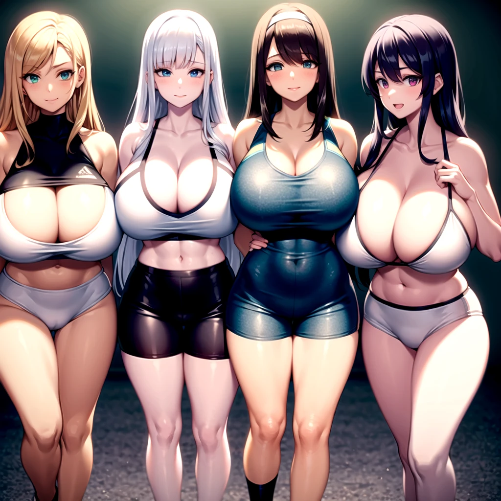 Four beautiful girls with huge tits and muscular abdomen, a blonde with blue eyes, another brunette with black hair, another with brown hair and green eyes, another with red hair and red eyes, the four of them wearing sports bras with cleavage and soccer shorts