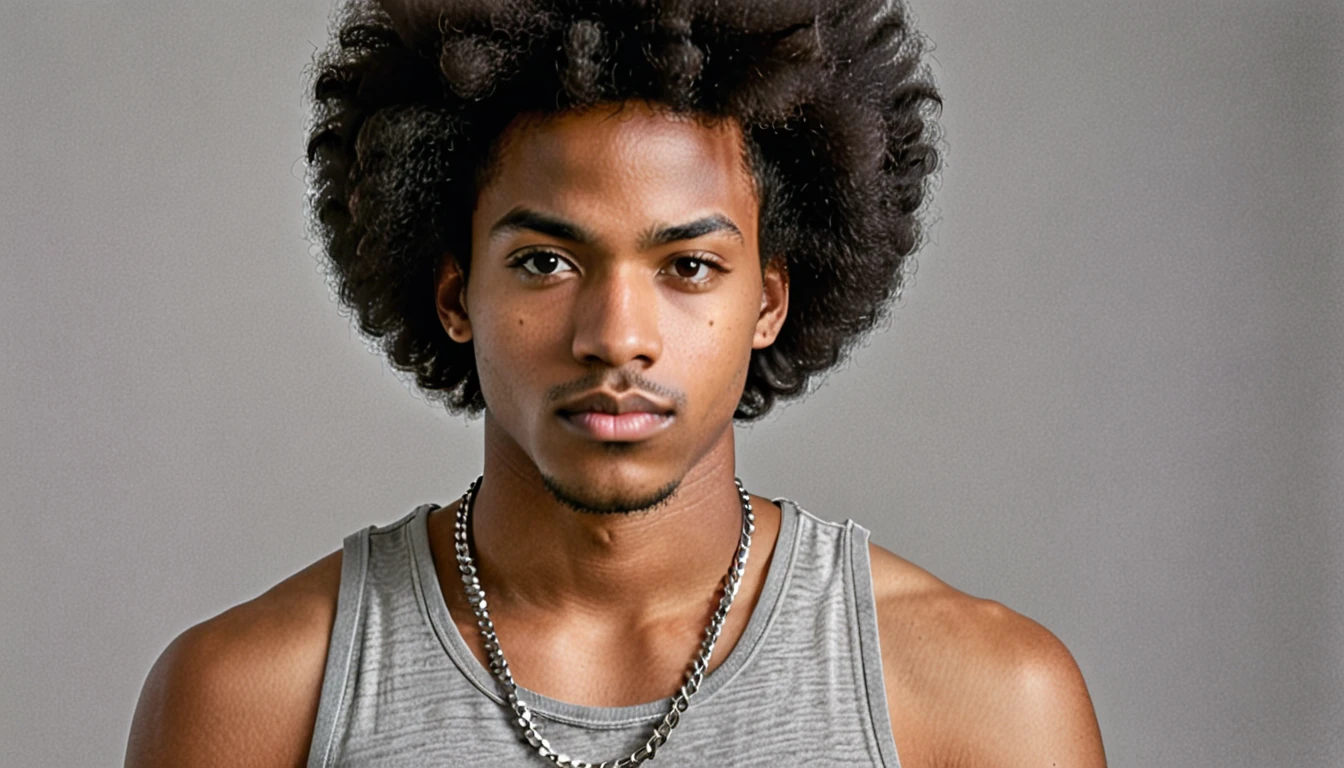 Create an image of a young black man with voluminous Afro-style hair, wearing a gray tank top and a thin chain necklace. The young man must have a serious expression, looking at the camera, facing the camera, centralized no frame, sem cortes. In the background of the young man a solid neutral color. Solid Light Gray Background.