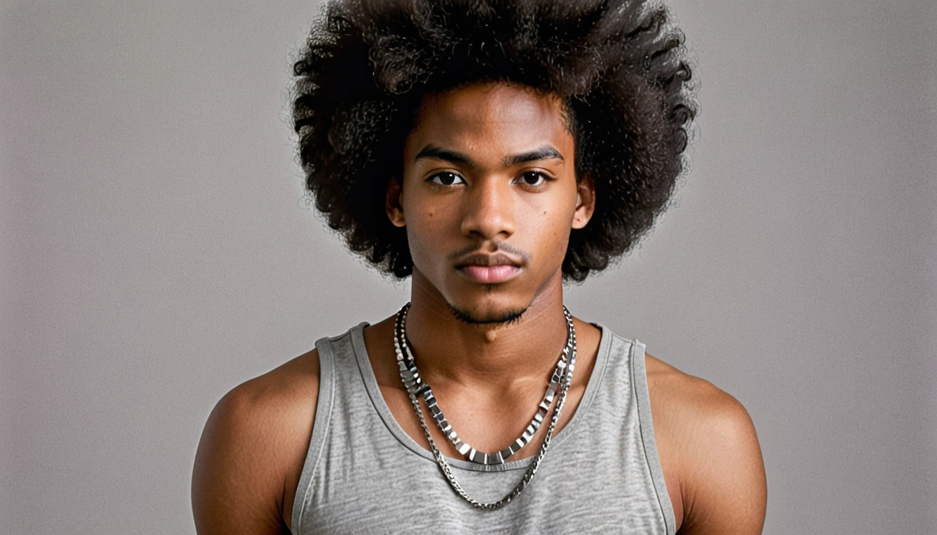 Create an image of a young black man with voluminous Afro-style hair, wearing a gray tank top and a thin chain necklace. The young man must have a serious expression, looking at the camera, facing the camera, centralized no frame, sem cortes. In the background of the young man a solid neutral color. Solid Light Gray Background.