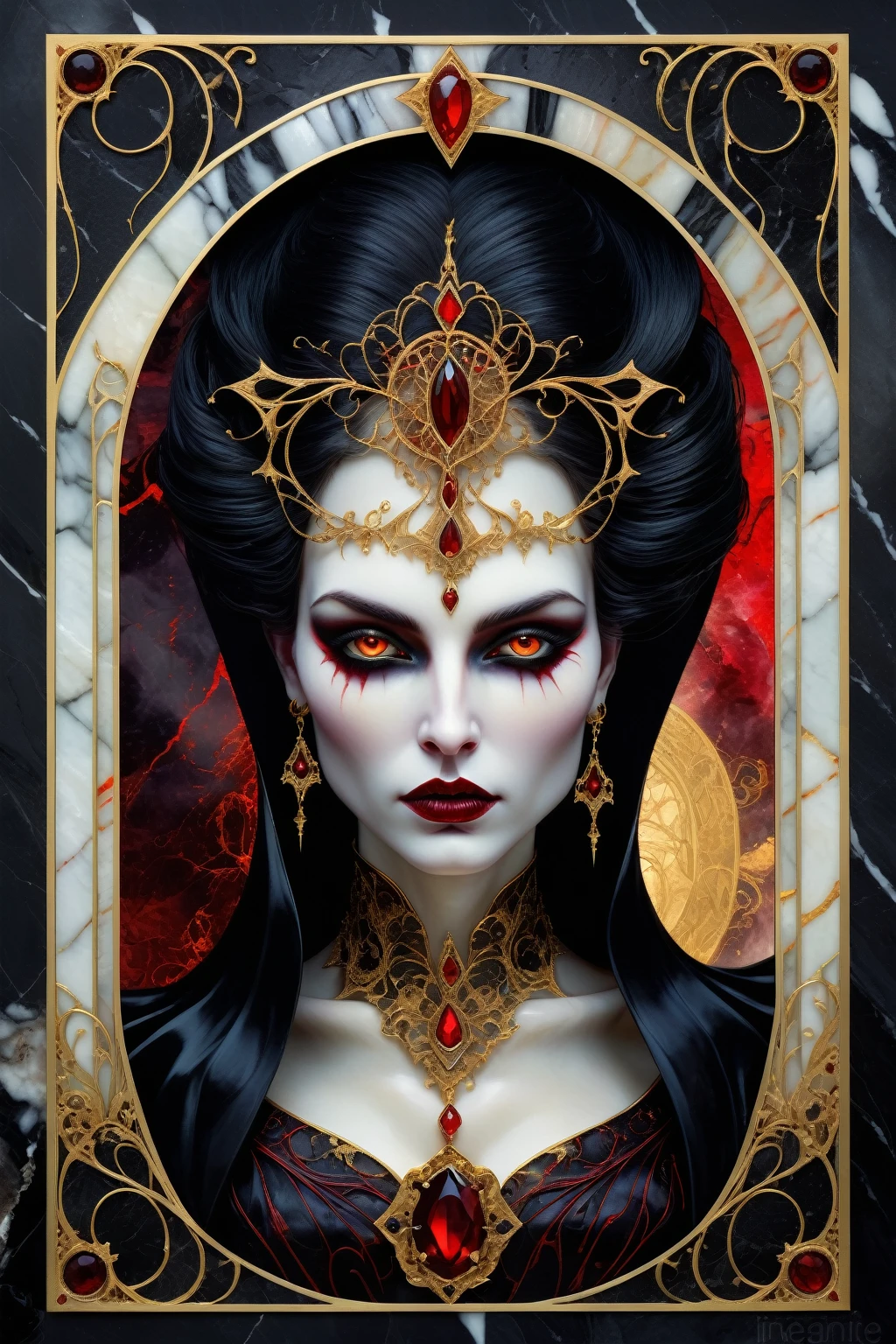 a beautiful illustration of a vampire woman with glowing eyes in an abstract marble texture with a tarot style frame, with colors of obsidian black, shiny gold, and ruby red, highly detailed, intricate design, BY Anne Bachelier,