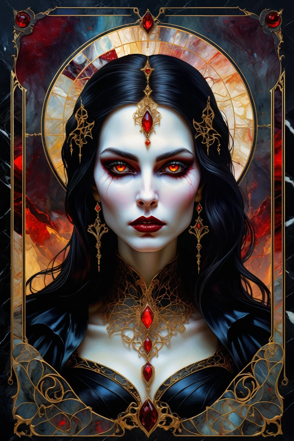 a beautiful illustration of a vampire woman with glowing eyes in an abstract marble texture with a tarot style frame, with colors of obsidian black, shiny gold, and ruby red, highly detailed, intricate design, BY Anne Bachelier,