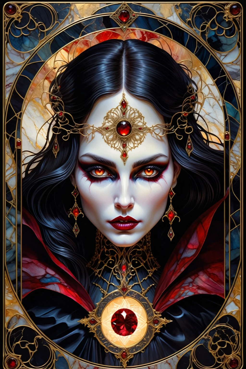 a beautiful illustration of a vampire woman with glowing eyes in an abstract marble texture with a tarot style frame, with colors of obsidian black, shiny gold, and ruby red, highly detailed, intricate design, BY Anne Bachelier,
