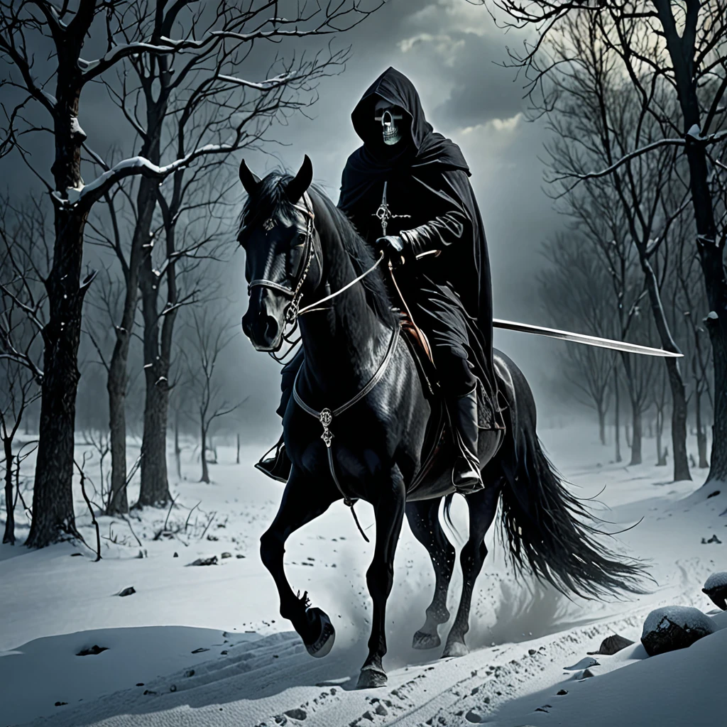 hooded death on horseback with a scythe in the snow, A dark (hooded) figure, with the face of death depicted as a skull, holding an hourglass in his right hand and raising an imposing oz with his left hand, dark fantasy oil painting, cinematic lighting, detailed facial features, detailed clothing, dramatic composition, moody colors, deep shadows, intricate background details, realistic rendering, masterpiece, cinematic lighting, photorealistic, highly detailed, dramatic atmosphere, chiaroscuro, muted color palette, intricate details, mystical and foreboding tone, black horse, intrincate details, 8k, photoshop, masterpiece, good art, good artist
