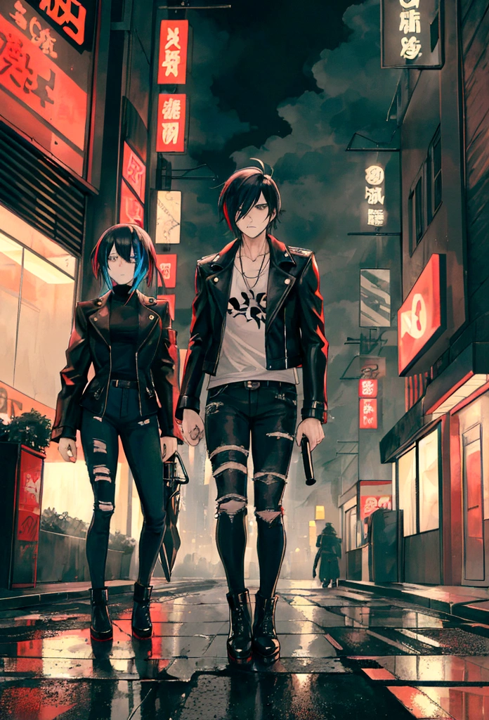 "Create an anime-style image of a male gangster in a bustling city street at night. She has short, edgy hair and is wearing a leather jacket over a white shirt, with ripped jeans and combat boots. She is leaning against a sleek motorcycle, holding a katana casually over her shoulder. Neon signs and streetlights illuminate the scene with vibrant colors, casting reflections on wet pavement. The background shows a mix of high-rise buildings and alleyways, with a sense of gritty urban life. The character's expression is tough and confident, embodying a rebellious spirit."