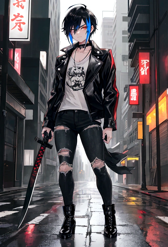 "Create an anime-style image of a male gangster in a bustling city street at night. She has short, edgy hair and is wearing a leather jacket over a white shirt, with ripped jeans and combat boots. She is leaning against a sleek motorcycle, holding a katana casually over her shoulder. Neon signs and streetlights illuminate the scene with vibrant colors, casting reflections on wet pavement. The background shows a mix of high-rise buildings and alleyways, with a sense of gritty urban life. The character's expression is tough and confident, embodying a rebellious spirit."