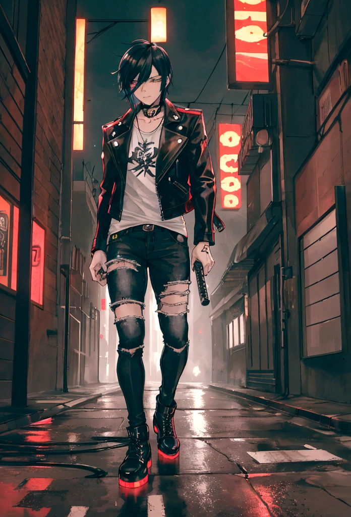 "Create an anime-style image of a male gangster in a bustling city street at night. She has short, edgy hair and is wearing a leather jacket over a white shirt, with ripped jeans and combat boots. She is leaning against a sleek motorcycle, holding a katana casually over her shoulder. Neon signs and streetlights illuminate the scene with vibrant colors, casting reflections on wet pavement. The background shows a mix of high-rise buildings and alleyways, with a sense of gritty urban life. The character's expression is tough and confident, embodying a rebellious spirit."