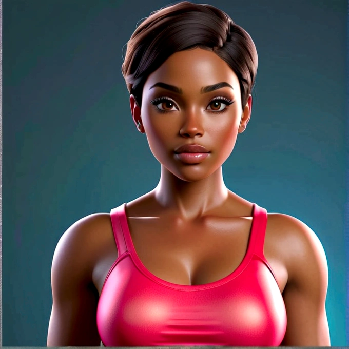 African American sensual robust body woman with Asian features, dark skin and nice face, short elegantly styled dark reddish brown hair and light brown eyes. He wears a short red sleeveless t-shirt, underwear, a pink panty and she is barefoot. full realistic 3D model.she
